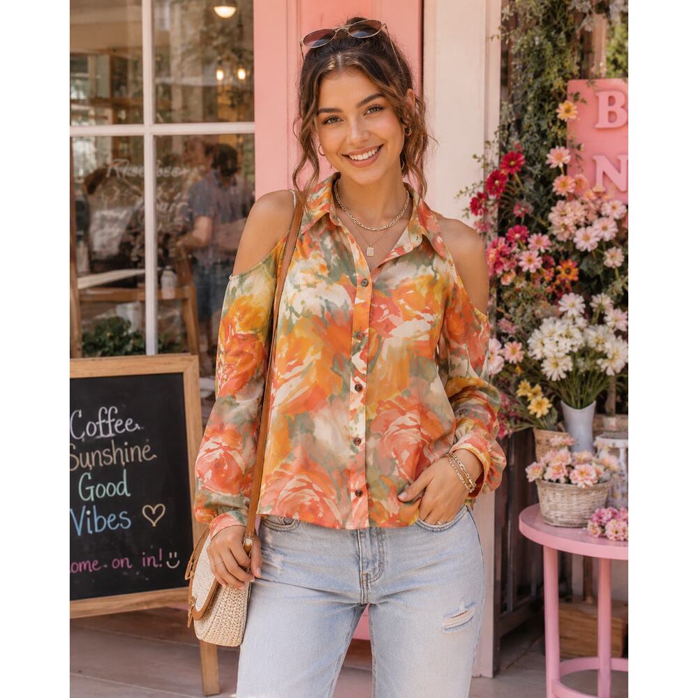 Forever 21 Orange Floral Sheer Blouse Cold Shoulder Button Front Lightweight Top